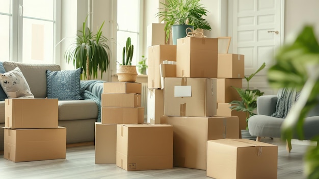 Moving day concept cardboard carton boxes stack with household belongings in modern house living room packed containers on floor in new home relocation renovation removals and delivery service