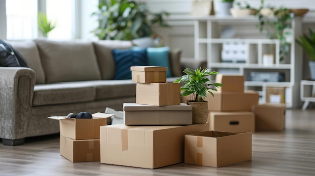 Moving day concept cardboard carton boxes stack with household belongings in modern house living room packed containers on floor in new home relocation renovation removals and delivery service