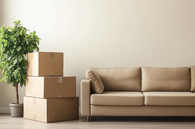 Photo moving day photography empty room with cardboard boxes couch and green plant in new home