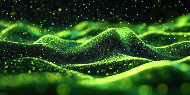 Photo moving flow of green particles flashing abstract waveform background for digital design