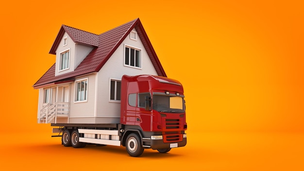 moving a house with a truck 3d rendering