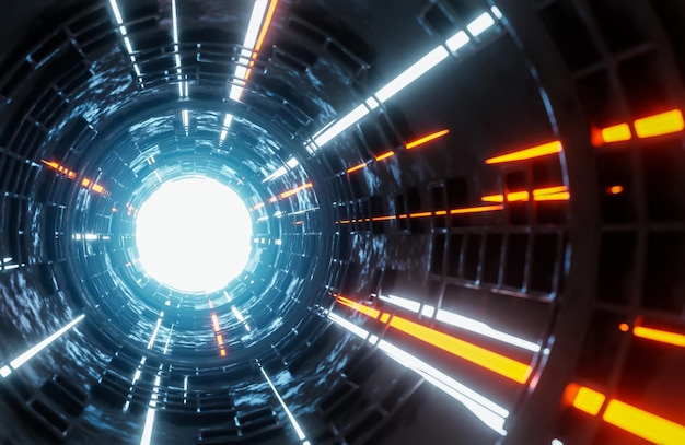 Moving light beams in scifi tunneldigital background3d model and illustration