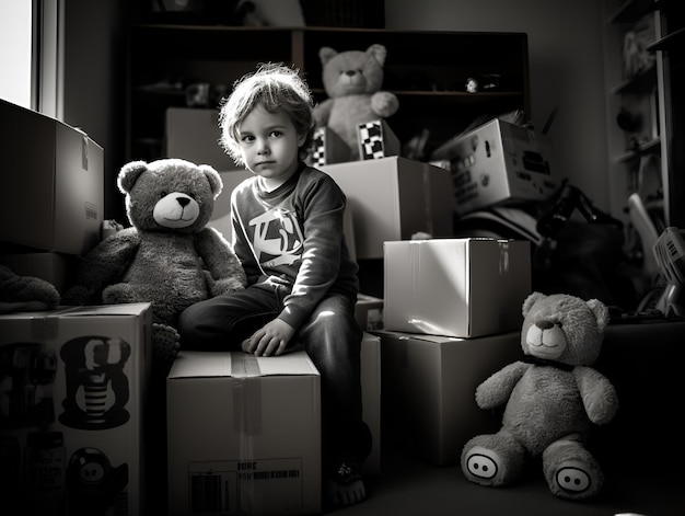 Moving to new apartment A child with toys and carton boxes moving with kids concept lifestyle photo A kid among unpacked cardboard boxes in his room in new home at moving day