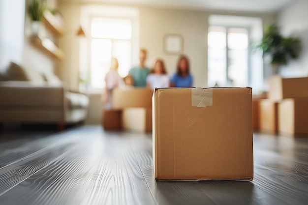 Moving relocation concept Cardboard box in living room family blur on background