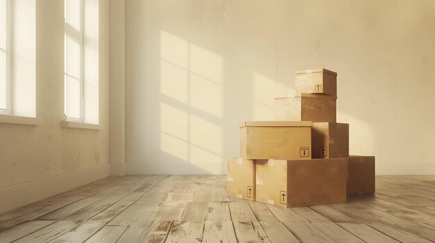 Moving in Stack of cardboard boxes in the empty room with copy space