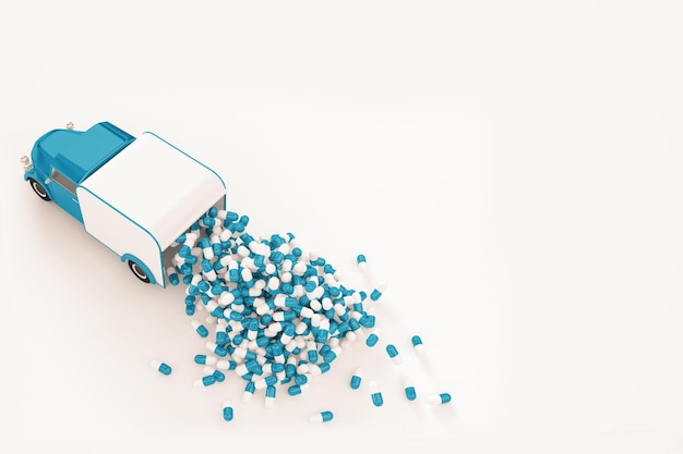 Moving the vehicle from which onthego sleep pills Delivery of medicines and tablets 3D illustration