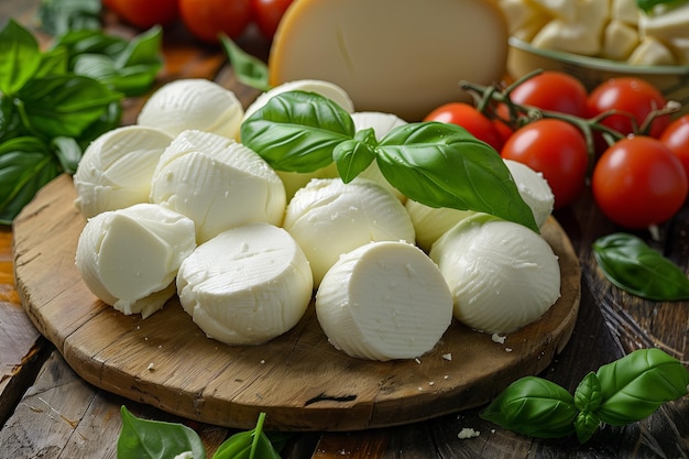 Photo mozzarella cheese with basil and tomatoes on a wooden background