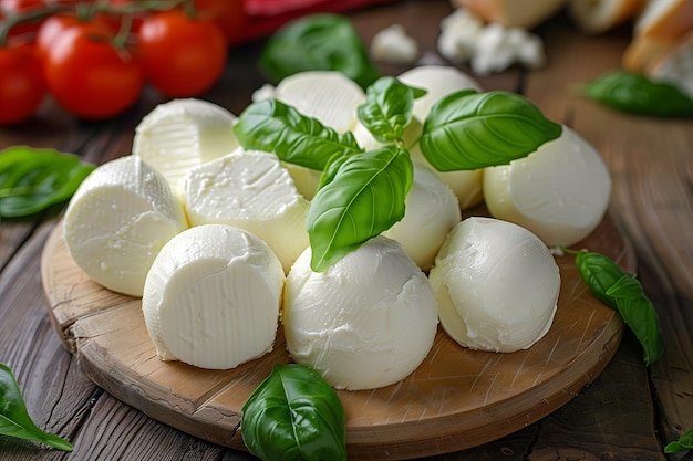 Photo mozzarella cheese with basil and tomatoes on a wooden background