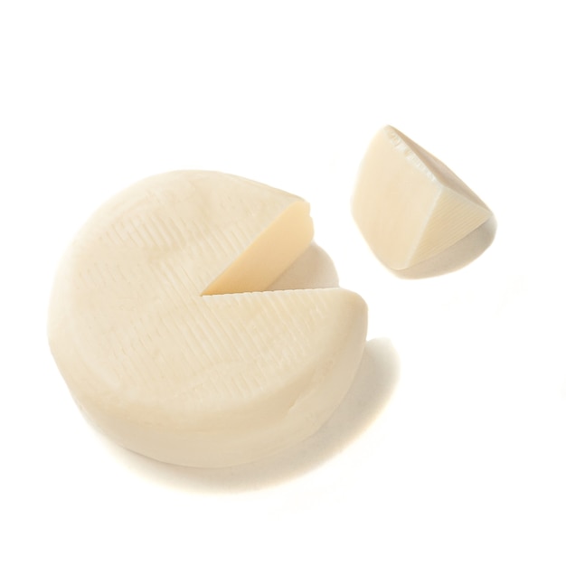 Mozzarella cheese without packaging. A piece of triangular shape has been cut off. View from above. White background. Isolated.