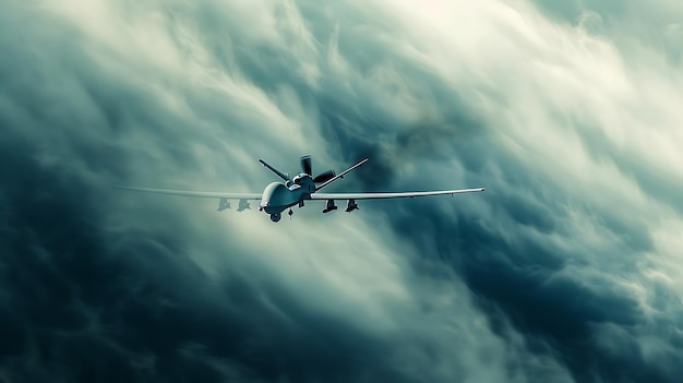 MQ9 Reaper drone flying fast through the clouds military technology concept