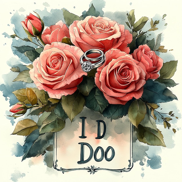 Photo mr and mrs wedding sign roses bouquet with rings pastel pink tones watercolor text i do in t