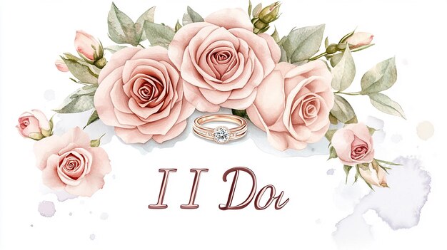 Photo mr and mrs wedding sign roses bouquet with rings pastel pink tones watercolor text i do in t