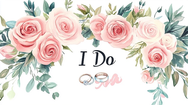 Mr and Mrs Wedding Sign roses bouquet with rings pastel pink tones watercolor text I Do in t