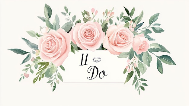 Mr and Mrs Wedding Sign roses bouquet with rings pastel pink tones watercolor text I Do in t