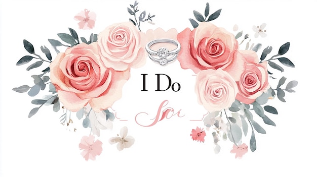 Photo mr and mrs wedding sign roses bouquet with rings pastel pink tones watercolor text i do in t