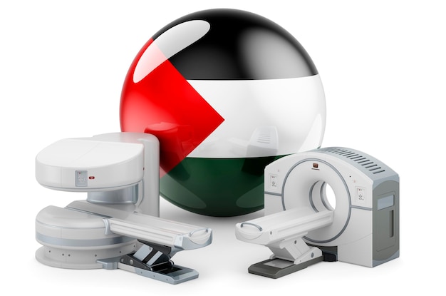 MRI and CT Diagnostic Research Centres in Palestine MRI machine and CT scanner with Palestinian flag 3D rendering