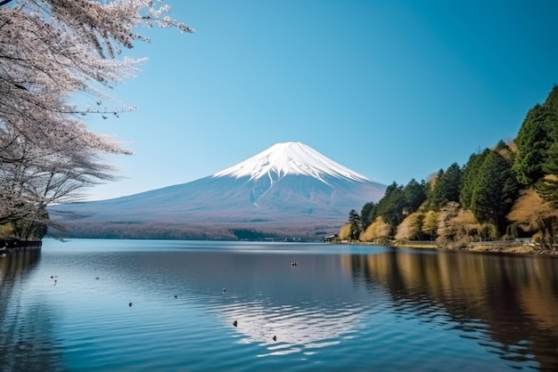 Mt Fuji and Cherry Blossom at Kawaguchiko lake in Japan Generative AI