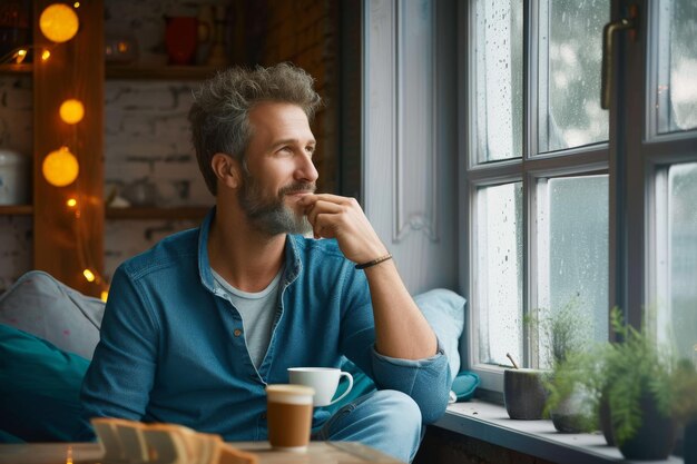 Photo mture man taking a break drinking coffee at the window of his loft apartment