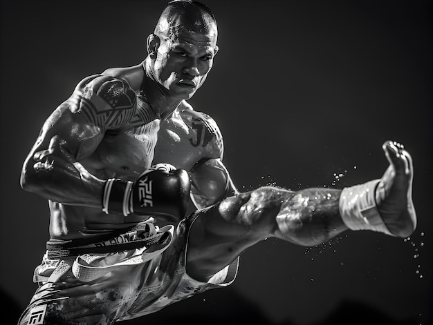 Photo muay thai competitor delivers powerful roundhouse kick in dramatic monochrome backdrop