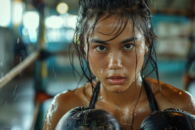 Muay Thai Warrior Empowered Thai Woman in Intense Boxing Practice at Indoor Gym