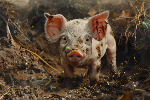 A mudcaked piglet rooting around in the muddy ground with its pink snout and expressive eyes