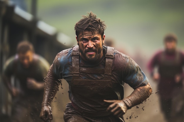 Mudcovered runners tackle a tough obstacle course