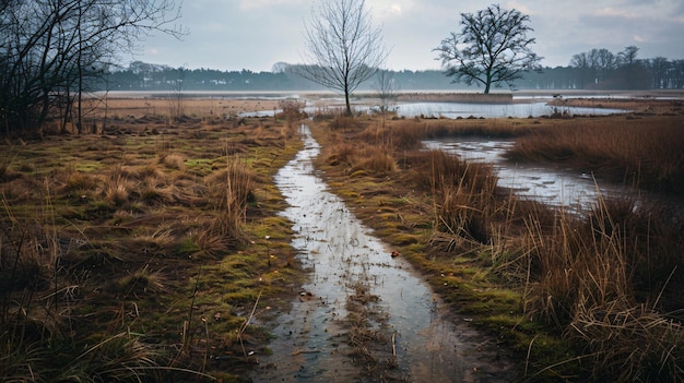 a muddy path is surrounded by water and trees