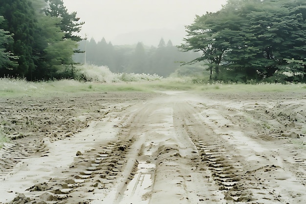 Photo muddy road through forested landscape