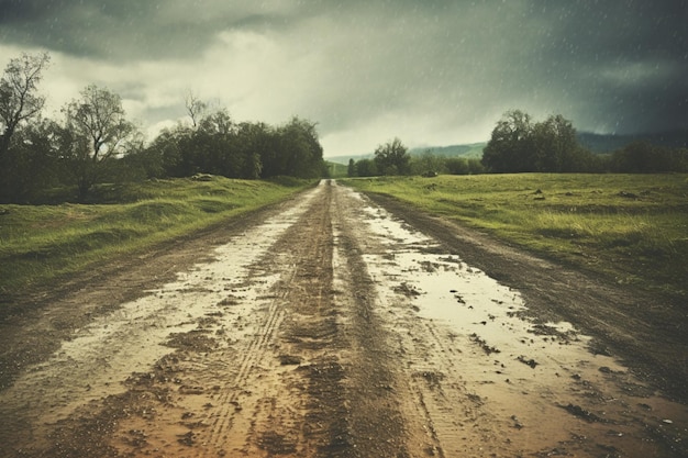 Photo muddy tire tracks on a rainy road grunge old paper texture grunge background