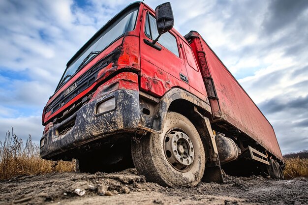 Photo muddy tires of heavyduty construction vehicle on rugged terrain