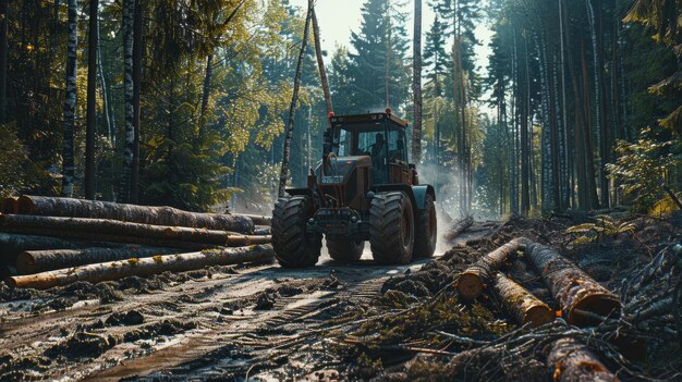 A muddy tractor navigates through a dense forest as it collects logs showcasing the rugged beauty and challenges of logging work