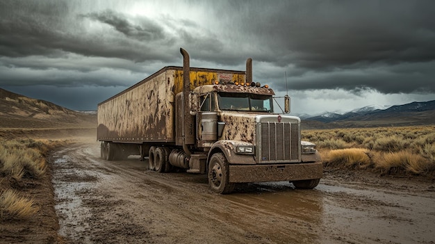 Photo a muddy truck navigating a rugged dirt road under a dramatic sky