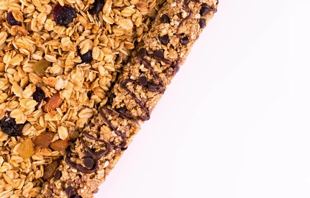 Muesli background Breakfast with raisins, dried fruits and oatmeal nuts. copy space.