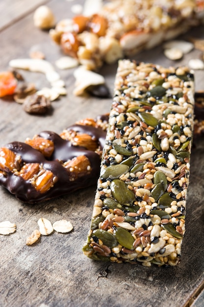 Muesli bars on wooden table