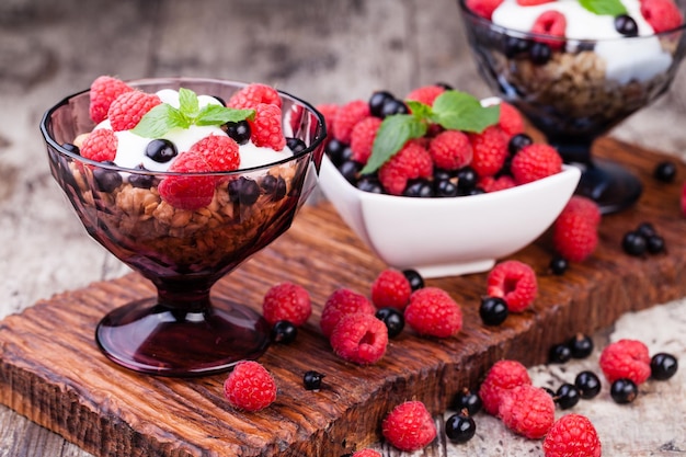 Muesli breakfast on a wooden table