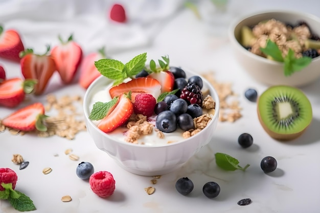 Muesli with berries Healthy breakfast Fresh granola muesli with yogurt and berries on marble