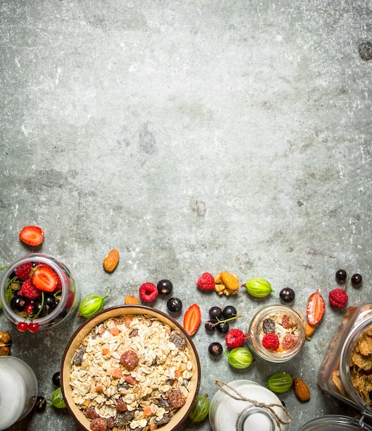 Muesli with forest berries on the stone table