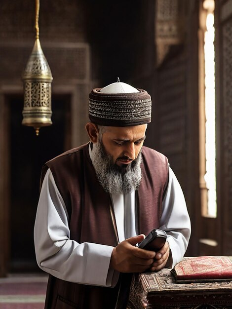 Photo the muezzin is giving the call to prayer in the mosque