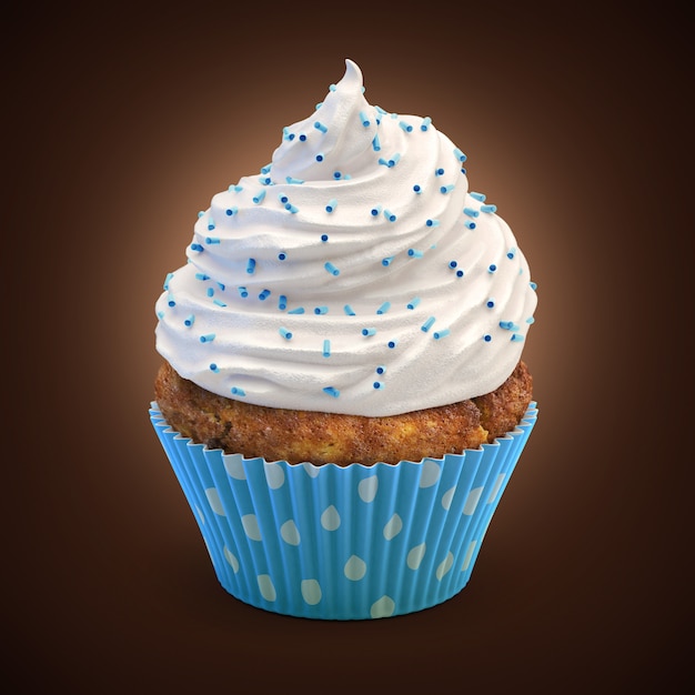 Muffin with white cream topping in blue cup