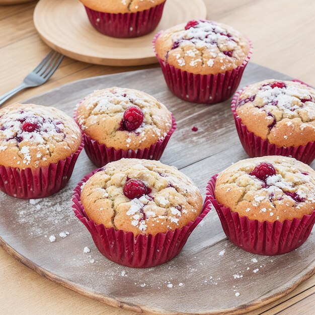 Muffins on a wooden table with a plate of raspberry jam and cranberry jam