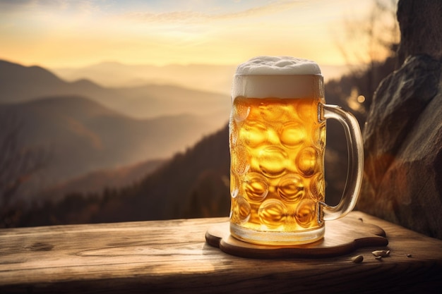 A mug of beer on a background of mountains