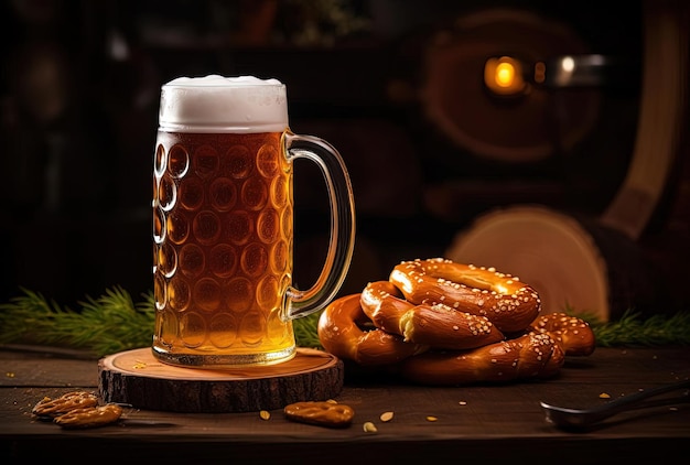 a mug of beer and pretzel on a table in the style of uniformly staged images