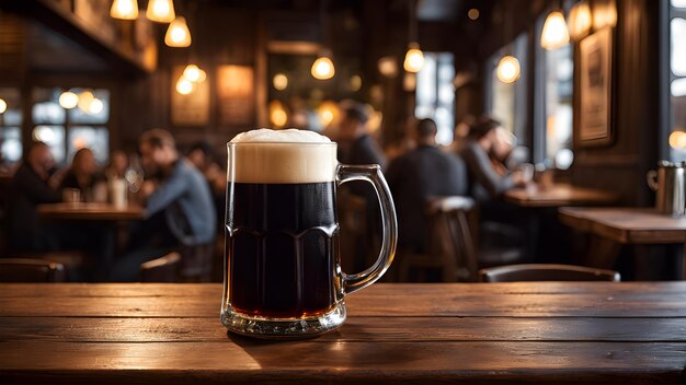 a mug of beer sits on a wooden bar with people sitting in the background