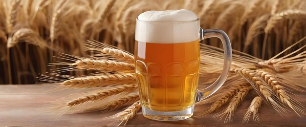 a mug of beer and spikelets of wheat on the table