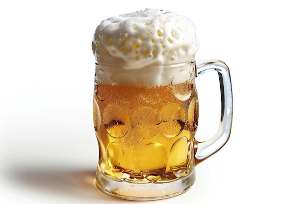 Mug of beer with foam on a white background Closeup