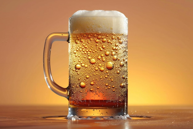 Mug of beer with foam on a wooden table closeup