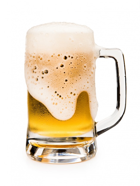 Mug of beer with froth foam on glass isolated on white background 