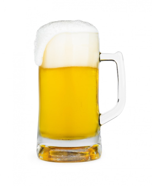 Mug of beer with froth foam on glass isolated on white wall with clipping path object design