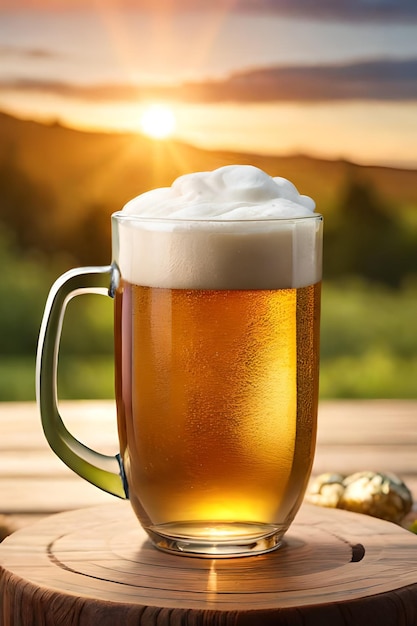 A mug of beer with a large foam on the top.