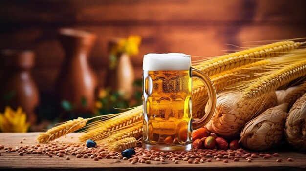 mug of beer with vegetables on wooden table